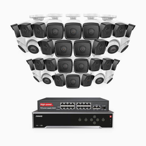 H500 - 3K 32 Channel PoE Security System with 24 Bullet & 8 Turret Cameras, EXIR 2.0 Night Vision, Built-in Mic & SD Card Slot, Works with Alexa, 16-Port PoE Switch Included ,IP67 Waterproof, RTSP Supported