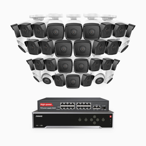 H500 - 3K 32 Channel PoE Security System with 26 Bullet & 6 Turret Cameras, EXIR 2.0 Night Vision, Built-in Mic & SD Card Slot, Works with Alexa, 16-Port PoE Switch Included ,IP67 Waterproof, RTSP Supported