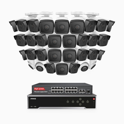 H500 - 3K 32 Channel PoE Security System with 28 Bullet & 4 Turret Cameras, EXIR 2.0 Night Vision, Built-in Mic & SD Card Slot, Works with Alexa, 16-Port PoE Switch Included ,IP67 Waterproof, RTSP Supported