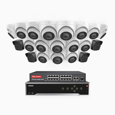 H500 - 3K 32 Channel PoE Security System with 4 Bullet & 16 Turret Cameras, EXIR 2.0 Night Vision, Built-in Mic & SD Card Slot, Works with Alexa, 16-Port PoE Switch Included ,IP67 Waterproof, RTSP Supported