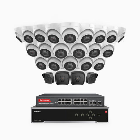 H500 - 3K 32 Channel PoE Security System with 4 Bullet & 20 Turret Cameras, EXIR 2.0 Night Vision, Built-in Mic & SD Card Slot, Works with Alexa, 16-Port PoE Switch Included ,IP67 Waterproof, RTSP Supported