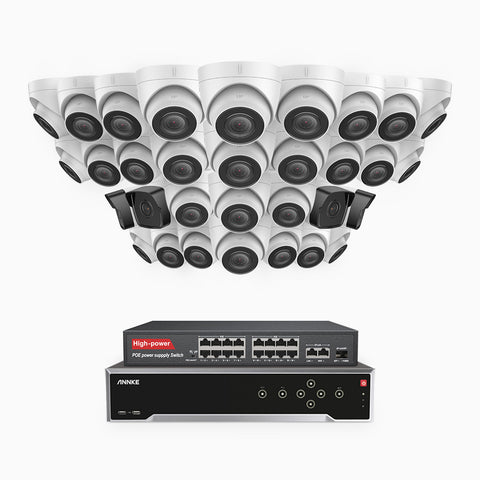 H500 - 3K 32 Channel PoE Security System with 4 Bullet & 28 Turret Cameras, EXIR 2.0 Night Vision, Built-in Mic & SD Card Slot, Works with Alexa, 16-Port PoE Switch Included ,IP67 Waterproof, RTSP Supported
