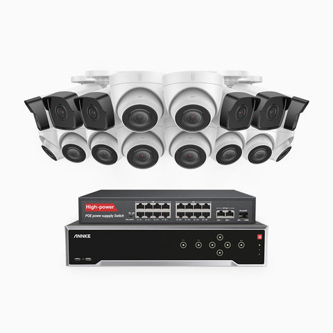 H500 - 3K 32 Channel PoE Security System with 6 Bullet & 10 Turret Cameras, EXIR 2.0 Night Vision, Built-in Mic & SD Card Slot, Works with Alexa, 16-Port PoE Switch Included ,IP67 Waterproof, RTSP Supported