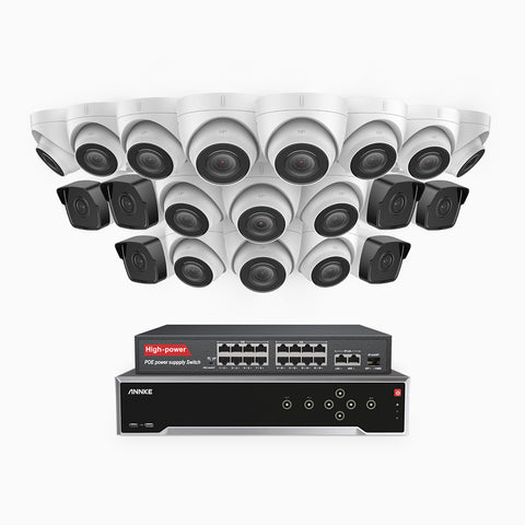 H500 - 3K 32 Channel PoE Security System with 6 Bullet & 14 Turret Cameras, EXIR 2.0 Night Vision, Built-in Mic & SD Card Slot, Works with Alexa, 16-Port PoE Switch Included ,IP67 Waterproof, RTSP Supported