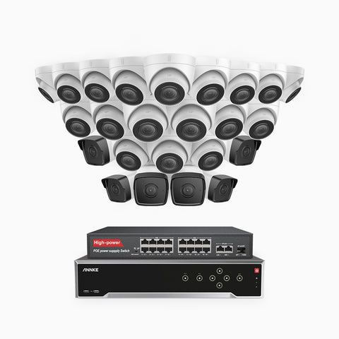 H500 - 3K 32 Channel PoE Security System with 6 Bullet & 18 Turret Cameras, EXIR 2.0 Night Vision, Built-in Mic & SD Card Slot, Works with Alexa, 16-Port PoE Switch Included ,IP67 Waterproof, RTSP Supported