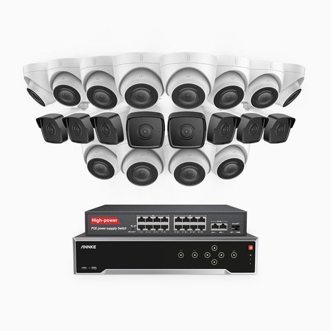 H500 - 3K 32 Channel PoE Security System with 8 Bullet & 12 Turret Cameras, EXIR 2.0 Night Vision, Built-in Mic & SD Card Slot, Works with Alexa, 16-Port PoE Switch Included ,IP67 Waterproof, RTSP Supported