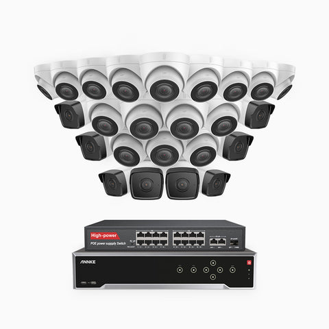 H500 - 3K 32 Channel PoE Security System with 8 Bullet & 16 Turret Cameras, EXIR 2.0 Night Vision, Built-in Mic & SD Card Slot, Works with Alexa, 16-Port PoE Switch Included ,IP67 Waterproof, RTSP Supported