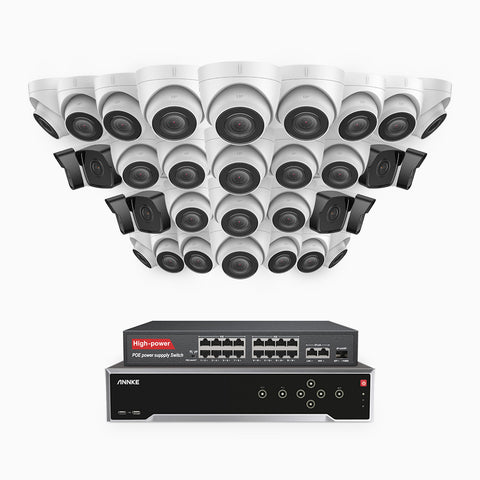 H500 - 3K 32 Channel PoE Security System with 8 Bullet & 24 Turret Cameras, EXIR 2.0 Night Vision, Built-in Mic & SD Card Slot, Works with Alexa, 16-Port PoE Switch Included ,IP67 Waterproof, RTSP Supported