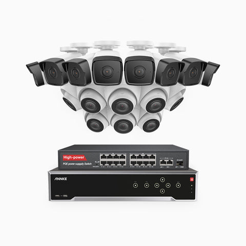 H500 - 3K 32 Channel PoE Security System with 8 Bullet & 8 Turret Cameras, EXIR 2.0 Night Vision, Built-in Mic & SD Card Slot, Works with Alexa, 16-Port PoE Switch Included ,IP67 Waterproof, RTSP Supported