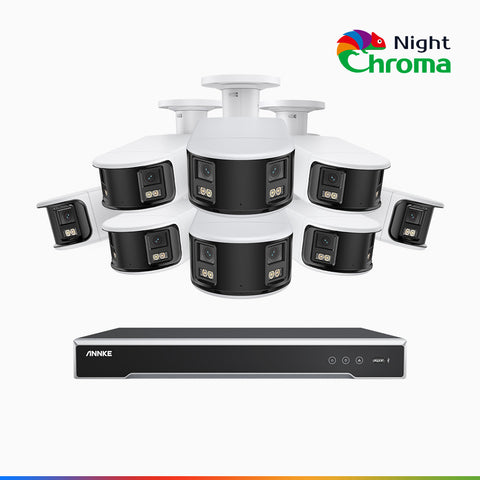 NightChroma<sup>TM</sup> NDK800 – 4K 16 Channel 8 Panoramic Dual Lens Cameras PoE Security System, f/1.0 Super Aperture, Acme Color Night Vision, Active Siren and Strobe, Human & Vehicle Detection, 2CH 4K Decoding Capability, Built-in Mic ,Two-Way Audio