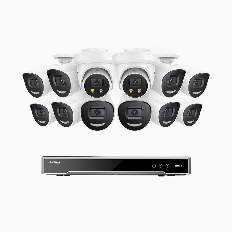 AH800 - 4K 16 Channel PoE Security System with 10 Bullet & 2 Turret Cameras, 1/1.8'' BSI Sensor, f/1.6 Aperture (0.003 Lux), Siren & Strobe Alarm,Two-Way Audio, Human & Vehicle Detection,  Perimeter Protection, Works with Alexa