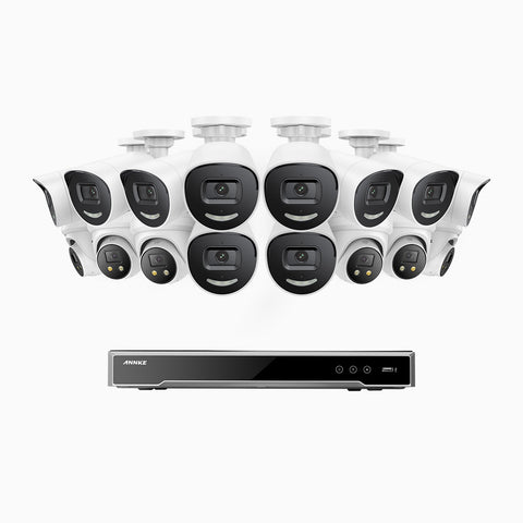 AH800 - 4K 16 Channel PoE Security System with 10 Bullet & 6 Turret Cameras, 1/1.8'' BSI Sensor, f/1.6 Aperture (0.003 Lux), Siren & Strobe Alarm, Two-Way Audio, Human & Vehicle Detection,  Perimeter Protection, Works with Alexa