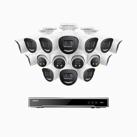 AH800 - 4K 16 Channel PoE Security System with 12 Bullet & 4 Turret Cameras, 1/1.8'' BSI Sensor, f/1.6 Aperture (0.003 Lux), Siren & Strobe Alarm,Two-Way Audio, Human & Vehicle Detection,  Perimeter Protection, Works with Alexa