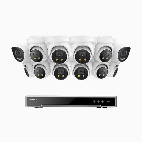 AH800 - 4K 16 Channel PoE Security System with 2 Bullet & 10 Turret Cameras, 1/1.8'' BSI Sensor, f/1.6 Aperture (0.003 Lux), Siren & Strobe Alarm,Two-Way Audio, Human & Vehicle Detection,  Perimeter Protection, Works with Alexa
