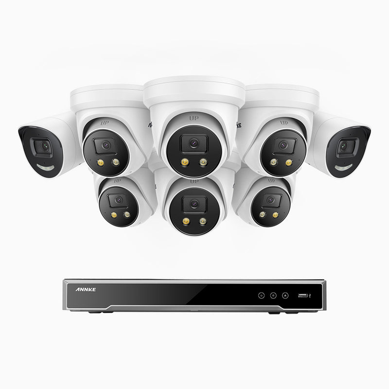 AH800 - 4K 16 Channel PoE Security System with 2 Bullet & 6 Turret Cameras, 1/1.8'' BSI Sensor, f/1.6 Aperture (0.003 Lux), Siren & Strobe Alarm,Two-Way Audio, Human & Vehicle Detection,  Perimeter Protection, Works with Alexa
