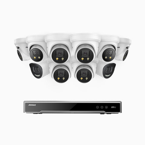 AH800 - 4K 16 Channel PoE Security System with 2 Bullet & 8 Turret Cameras, 1/1.8'' BSI Sensor, f/1.6 Aperture (0.003 Lux), Siren & Strobe Alarm,Two-Way Audio, Human & Vehicle Detection,  Perimeter Protection, Works with Alexa