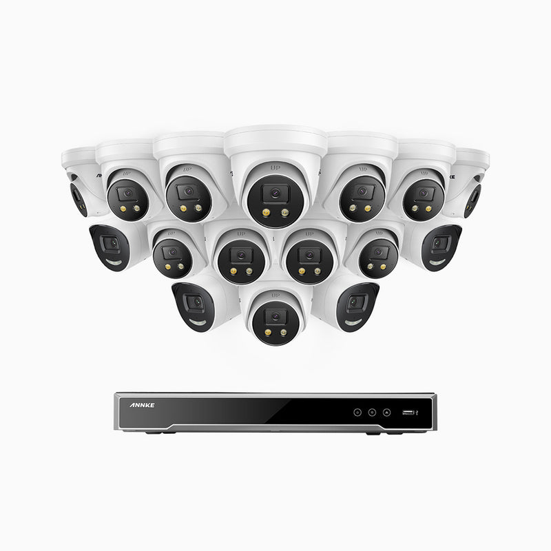 AH800 - 4K 16 Channel PoE Security System with 4 Bullet & 12 Turret Cameras, 1/1.8'' BSI Sensor, f/1.6 Aperture (0.003 Lux), Siren & Strobe Alarm,Two-Way Audio, Human & Vehicle Detection,  Perimeter Protection, Works with Alexa
