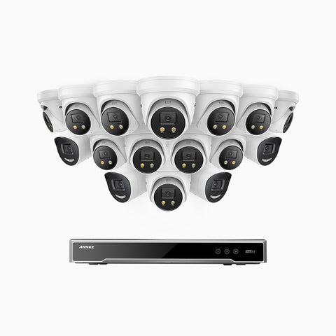 AH800 - 4K 16 Channel PoE Security System with 4 Bullet & 12 Turret Cameras, 1/1.8'' BSI Sensor, f/1.6 Aperture (0.003 Lux), Siren & Strobe Alarm,Two-Way Audio, Human & Vehicle Detection,  Perimeter Protection, Works with Alexa