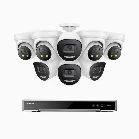 AH800 - 4K 16 Channel PoE Security System with 4 Bullet & 4 Turret Cameras, 1/1.8'' BSI Sensor, f/1.6 Aperture (0.003 Lux), Siren & Strobe Alarm,Two-Way Audio, Human & Vehicle Detection,  Perimeter Protection, Works with Alexa