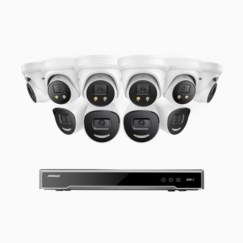 AH800 - 4K 16 Channel PoE Security System with 4 Bullet & 6 Turret Cameras, 1/1.8'' BSI Sensor, f/1.6 Aperture (0.003 Lux), Siren & Strobe Alarm,Two-Way Audio, Human & Vehicle Detection,  Perimeter Protection, Works with Alexa