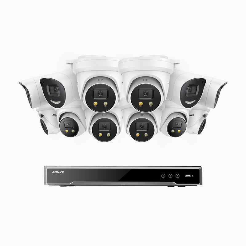 AH800 - 4K 16 Channel PoE Security System with 4 Bullet & 8 Turret Cameras, 1/1.8'' BSI Sensor, f/1.6 Aperture (0.003 Lux), Siren & Strobe Alarm,Two-Way Audio, Human & Vehicle Detection,  Perimeter Protection, Works with Alexa