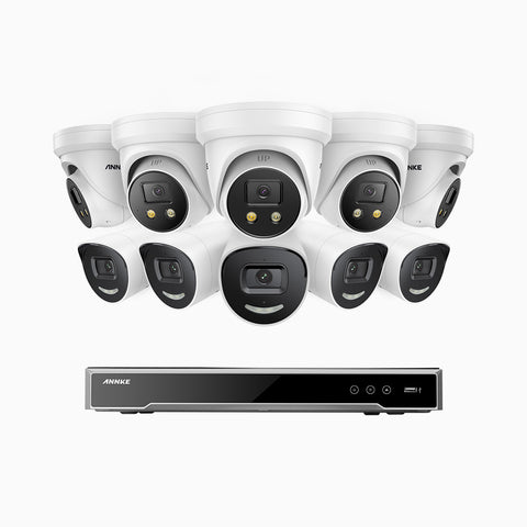 AH800 - 4K 16 Channel PoE Security System with 5 Bullet & 5 Turret Cameras, 1/1.8'' BSI Sensor, f/1.6 Aperture (0.003 Lux), Siren & Strobe Alarm,Two-Way Audio, Human & Vehicle Detection,  Perimeter Protection, Works with Alexa