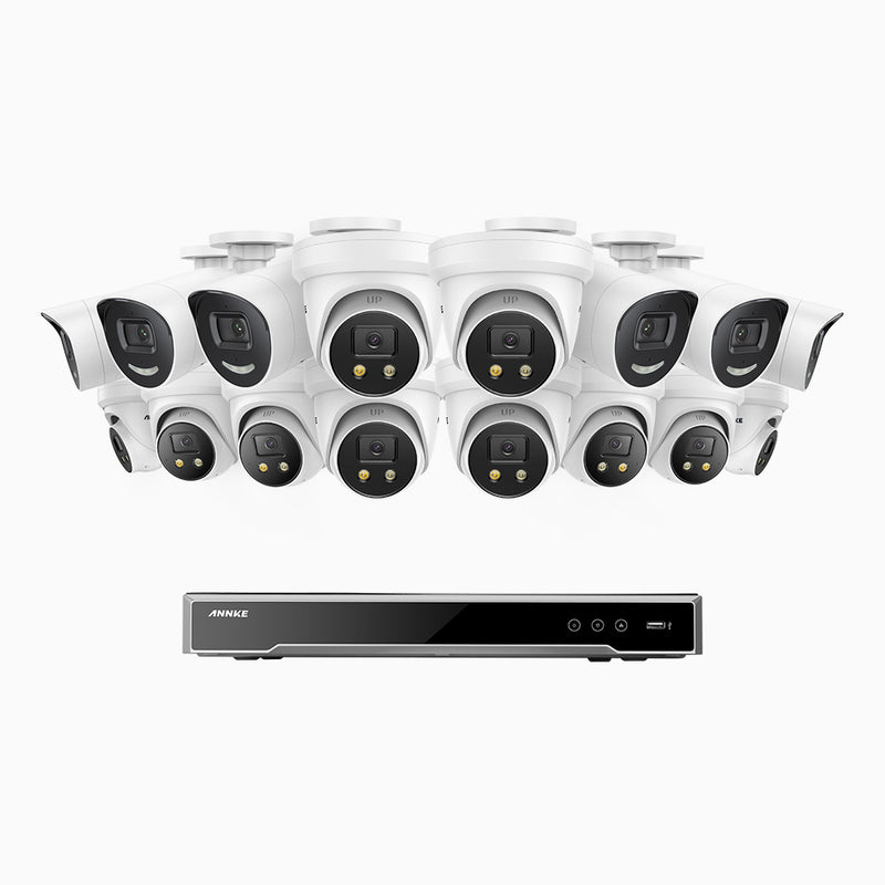 AH800 - 4K 16 Channel PoE Security System with 6 Bullet & 10 Turret Cameras, 1/1.8'' BSI Sensor, f/1.6 Aperture (0.003 Lux), Siren & Strobe Alarm,Two-Way Audio, Human & Vehicle Detection,  Perimeter Protection, Works with Alexa