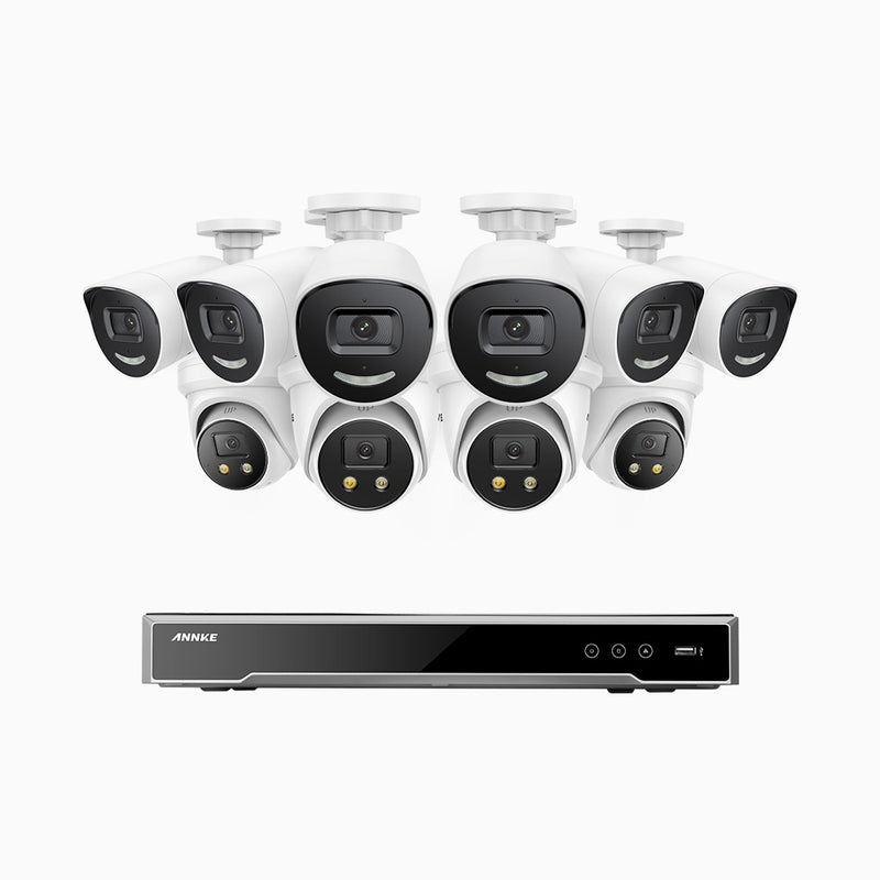 AH800 - 4K 16 Channel PoE Security System with 6 Bullet & 4 Turret Cameras, 1/1.8'' BSI Sensor, f/1.6 Aperture (0.003 Lux), Siren & Strobe Alarm,Two-Way Audio, Human & Vehicle Detection,  Perimeter Protection, Works with Alexa