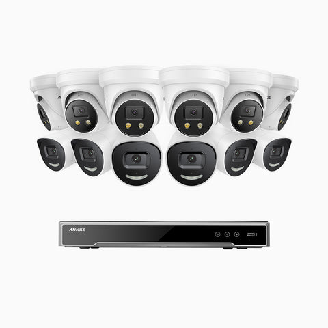 AH800 - 4K 16 Channel PoE Security System with 6 Bullet & 6 Turret Cameras, 1/1.8'' BSI Sensor, f/1.6 Aperture (0.003 Lux), Siren & Strobe Alarm,Two-Way Audio, Human & Vehicle Detection,  Perimeter Protection, Works with Alexa