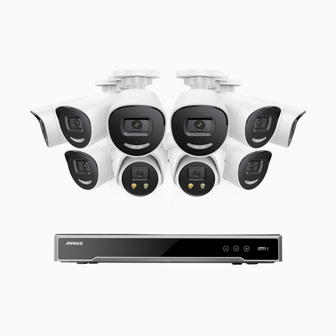 AH800 - 4K 16 Channel PoE Security System with 8 Bullet & 2 Turret Cameras, 1/1.8'' BSI Sensor, f/1.6 Aperture (0.003 Lux), Siren & Strobe Alarm,Two-Way Audio, Human & Vehicle Detection,  Perimeter Protection, Works with Alexa