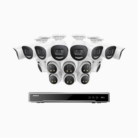 AH800 - 4K 16 Channel PoE Security System with 8 Bullet & 8 Turret Cameras, 1/1.8'' BSI Sensor, f/1.6 Aperture (0.003 Lux), Siren & Strobe Alarm,Two-Way Audio, Human & Vehicle Detection,  Perimeter Protection, Works with Alexa