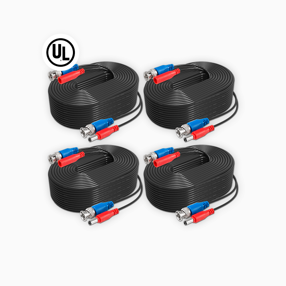 Fire Rated 4-Pack 100% UL-Certified 30 m/100 ft All-in-One BNC Video Power Cables